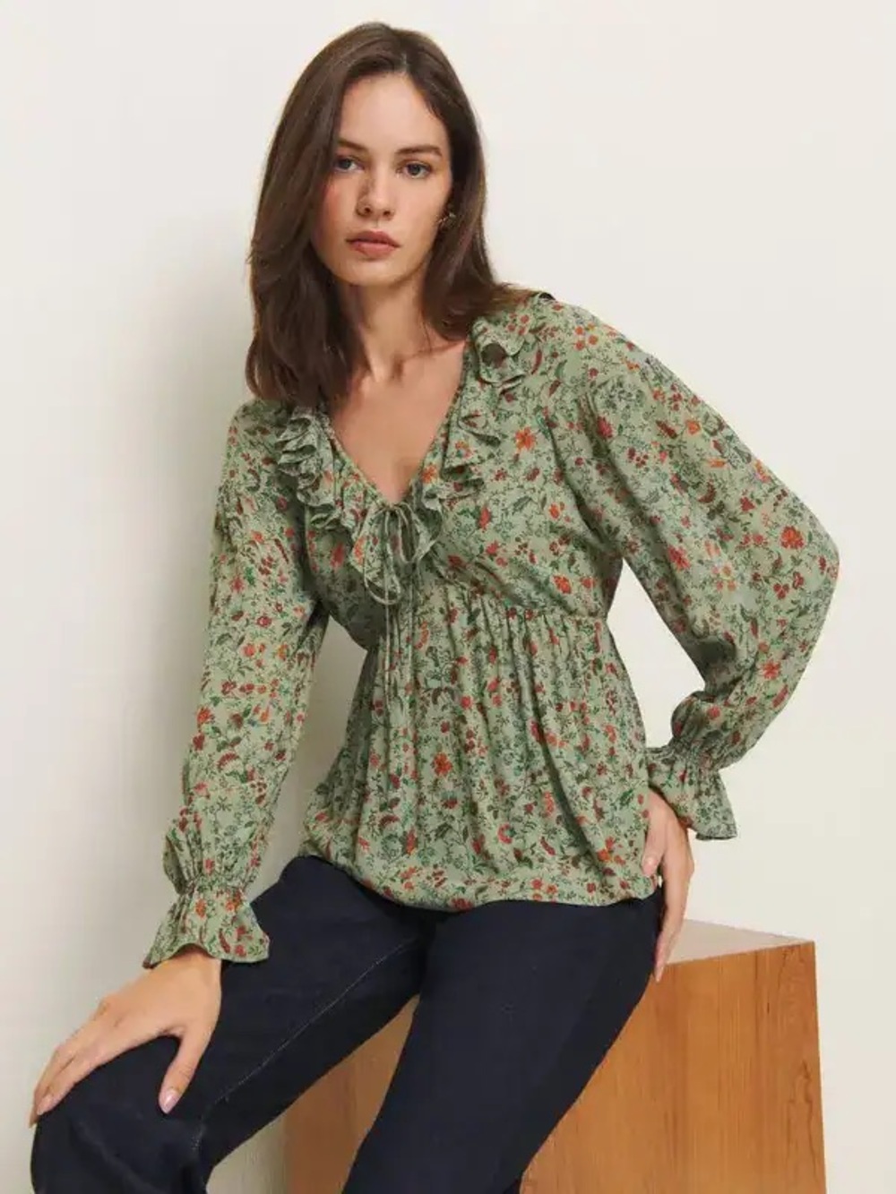 NEW REFORMATION Wyn Top PONDEROSA Green Floral Ruffle TieNeck Blouse Puff Sleeve
